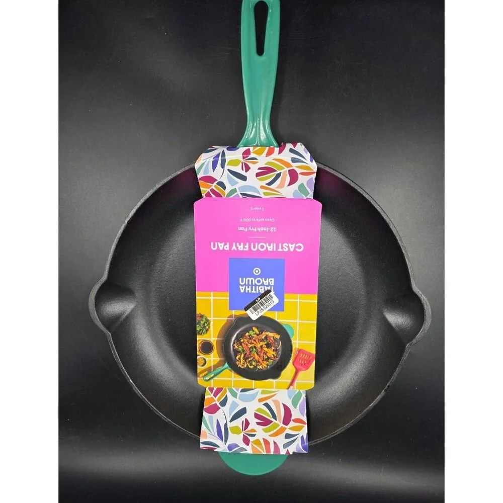 Tabitha Brown Cast Iron Fry Pan 12-Inch With Green Handle Oven Safe To 500°F